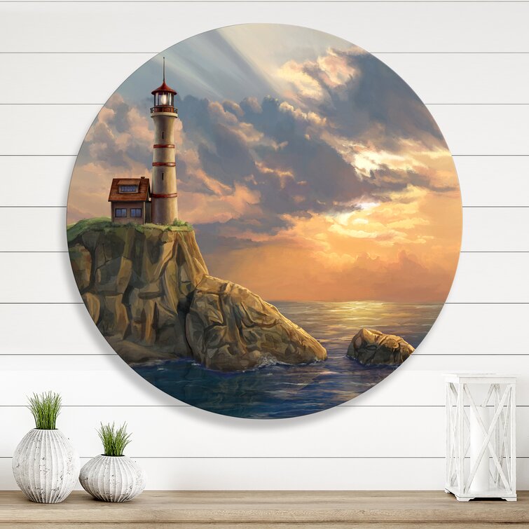 Lighthouse On A Rocky Coastal Cliff At Sunset Nautical Coastal Metal Circle Wall Art